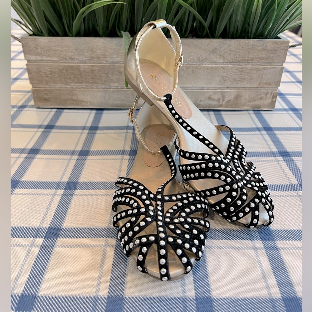 Restricted Studded Black/Gold Ankle Strap Sandals
